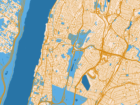 Street map of Yonkers, New York in golden linework with blue water