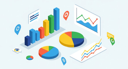 Obraz premium Isometric Data Visualization - Charts, Graphs, and Analytics Illustration.