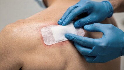 Obraz premium A medical professional wearing blue gloves applies a white bandage to a wound on a person's back, showcasing a moment of healthcare and treatment in a clinical setting.