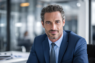 Fototapeta premium Confident mid - 40s businessman in tailored navy suit, salt - and - pepper hair and short beard, direct gaze and slight smile in bright modern glass - walled office