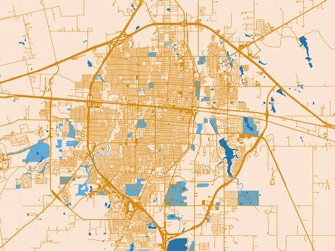 Urban map poster of Abilene, Texas with soft ivory map base with ochre-gold streets and clear blue water shapes for crisp contrast