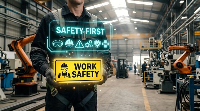 Worker Holding Safety Sign in Manufacturing Plant with Digital Safety Messages and Industrial Robots