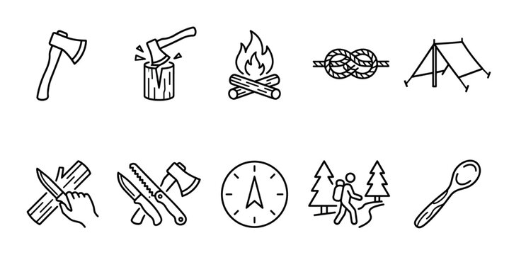 A collection of simple black line art icons representing camping and outdoor activities, including axes, fire, tent, compass, hiking, and cooking utensils.