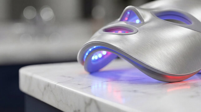 Clinical LED Facial Mask Resting On Smooth Marble Vanity