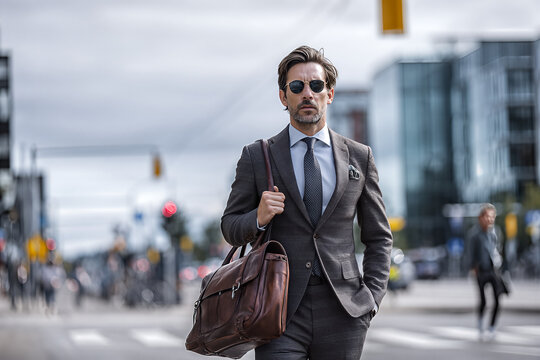Mid - 30s businessman in brown checked suit and sunglasses, carrying leather messenger bag with one hand in pocket striding across city crosswalk