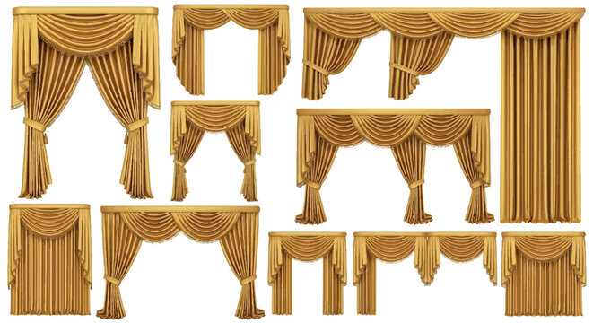 Extensive collection of opulent golden velvet drapes and curtains in multiple styles, featuring swags, pelmets, and pleated panels for grand interior decoration