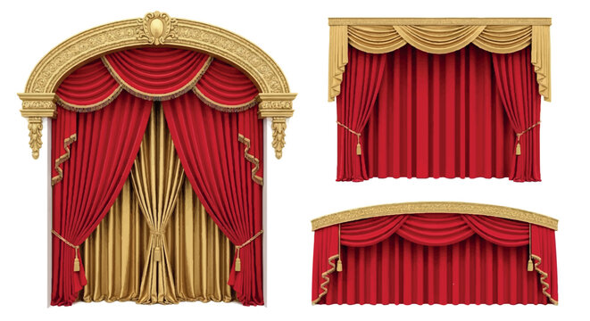 Ornate red and gold velvet theatre stage curtains, featuring grand arched proscenium, draped pelmets, and side curtains with tassels, window dressing