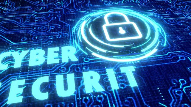 A motion graphic video of a glowing padlock icon on a futuristic blue circuit board with the words cyber security appearing, symbolizing digital protection and network safety