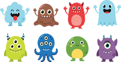 Fototapeta premium Cute Cartoon Monster Characters Set with Funny Colorful Creatures Fantasy Mascots for Kids Design Stickers and Playful Vector Illustration.
