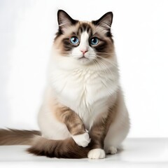 Obraz premium A beautiful Ragdoll cat with striking blue eyes and fluffy fur sits gracefully on a clean white background.