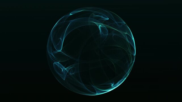 Abstract cyan glowing energy sphere with smooth flowing digital lines and transparent plasma motion, futuristic sci fi orb on dark background with seamless loop animation 4K