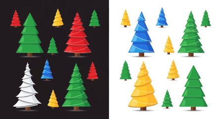 Obraz premium Colorful Christmas tree icons on black and white backgrounds.