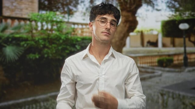 Young hispanic man touching his neck with hand, wearing round glasses and white shirt in a cobbled street park beside stone balustrade and tree; pensive reflection.