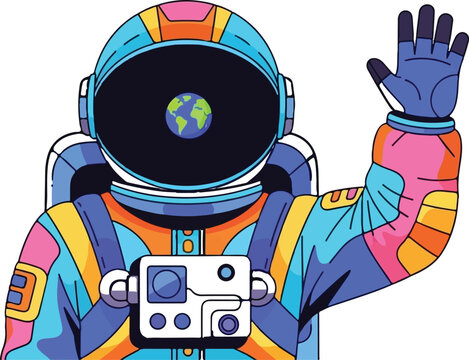 Colorful cartoon astronaut waving hello with a reflection of planet earth inside their visor glass