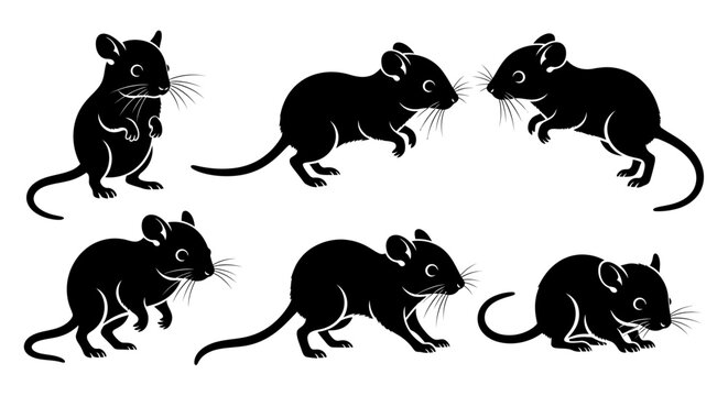 Set of Six Black Silhouettes of Mice or Rats Posed in Different Actions on White Background