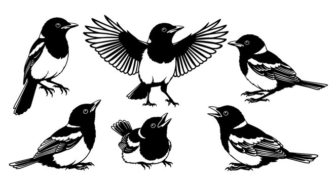 Set of six magpies in black and white, graphic illustration