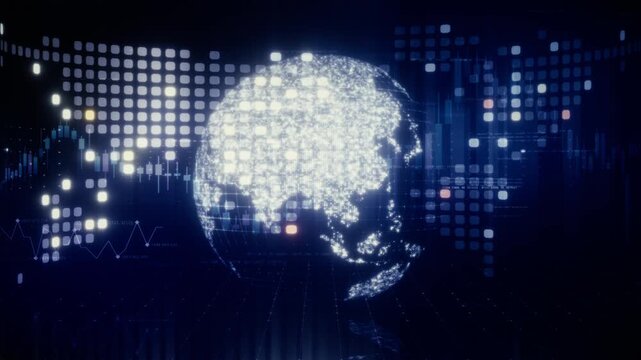Futuristic global financial data visualization, world map and digital globe with candlestick chart, stock trading analytics, forex market dashboard, fintech infographic, big data interface