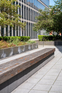Daylight urban plaza with bench and trees near modern office architecture showing empty pavement space for business district calm and outdoor pause