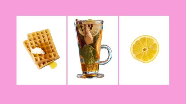 Rotating food and drinks casino style roulette stopping on waffles tea and lemon combination. Concept of product selection, menu variety, food pairing, cafe promotion, lifestyle advertising content.