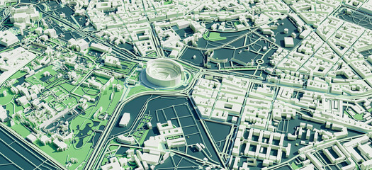 3D render map of the Rome cityscape. 3D illustration of an aerial view of Rome, Italy.