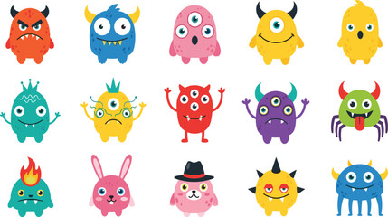 Fototapeta premium Cute Cartoon Monster Character Set with Funny Colorful Creatures and Fantasy Animals for Kids Design, Mascot Illustration, Stickers, and Playful Flat Vector Collection.