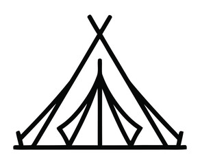 A simple black outline drawing of a traditional conical tent or teepee, suitable for camping and outdoor activities. © Kazi Studio