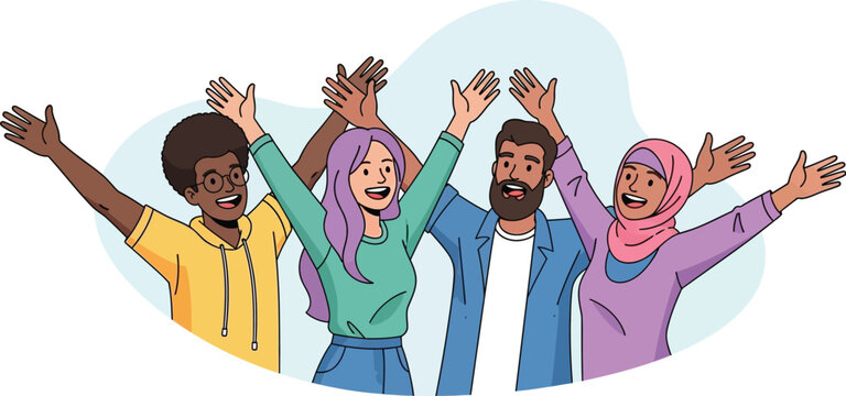 Diverse group of happy friends celebrating success with raised arms.