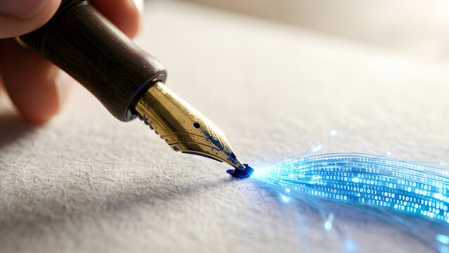 Photorealistic surreal image of a vintage pen drawing a glowing digital fiber optic line representing automation.