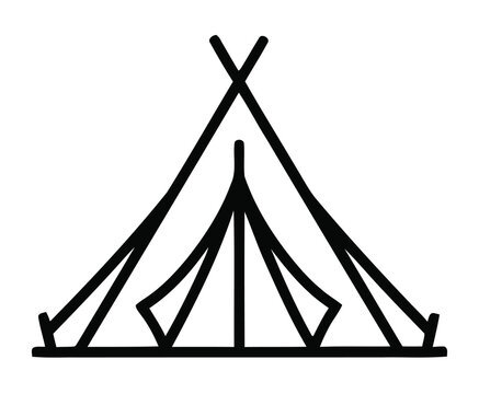 A simple black outline drawing of a traditional conical tent or teepee, suitable for camping and outdoor activities.