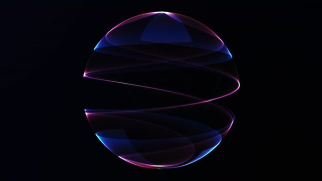 Abstract glowing energy sphere with spiral ribbon light trails and smooth digital wave motion, futuristic sci fi orb with neon plasma lines on dark background seamless loop 4K
