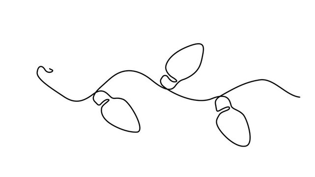 Christmas lights continuous one line drawing animation, concept of holiday decor, festive season, Outline drawing of festive string lights, Full length motion. 4k video