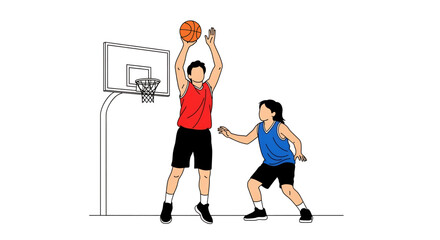 Fototapeta premium Kids playing basketball near a hoop in a sports game.