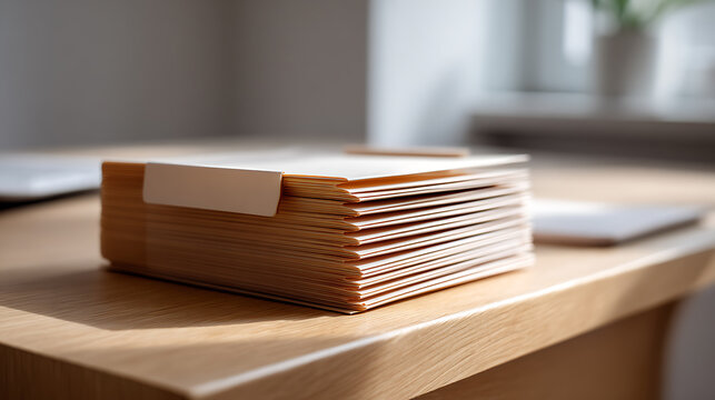 Stack of Manilla Folders with Blank Tabs on a Wooden Desk, Organizational Documents in a Professional Office Environment, Warm Sunlit Workspace