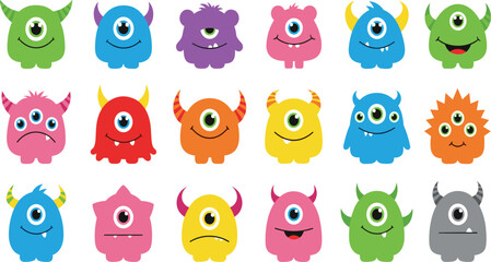 Fototapeta premium Cute One Eyed Monster Cartoon Character Set with Colorful Funny Cyclops Creatures for Kids Design, Mascot Illustration, and Playful Vector Collection.