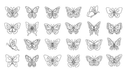 Collection of 20 unique butterfly line drawings in various poses and styles © Hacar