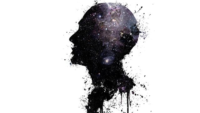 Cinematic close silhouette of man, brain area glowing galaxy with subtle medical icons, brochure safe text space