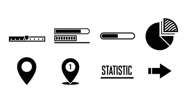 Set of Black Icons: Progress Bars, Pie Chart, Map Pin, Statistic, Arrow, Ruler