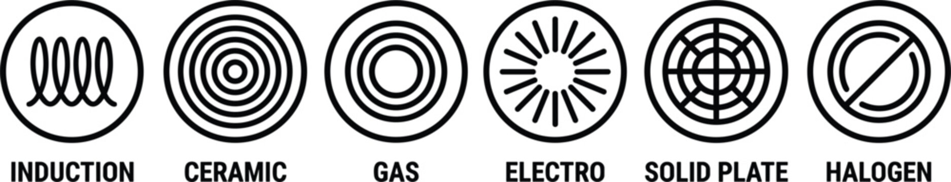 Vector icon set featuring six circular line symbols for induction ceramic gas electro solid plate and halogen cooktops.