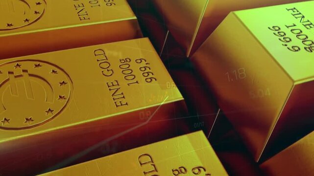 Pure gold bars with a purity of 999.9 are superimposed on financial charts illustrating investment, gold price fluctuations, and asset security.
