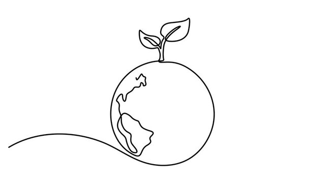 Leaf with Earth globe continuous line drawn animation. Animated linear world map with plant. Save Planet concept video. Full length one line animation. 4k video