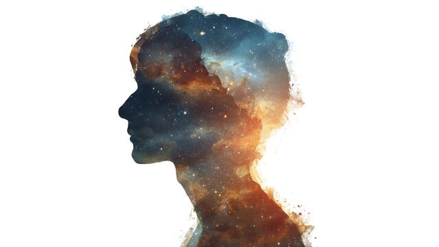 Cinematic close-up silhouette of man&rsquo;s head, exploding galaxy brain, subtle medical icons, grunge texture background