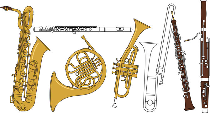 Vector illustration collection of classical orchestral instruments featuring saxophone flute french horn trumpet trombone oboe and bassoon.