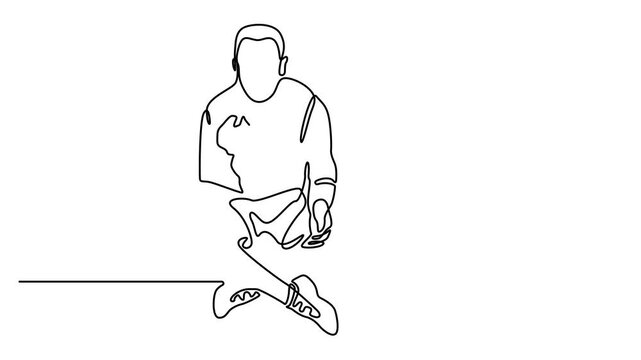 Continuous one line drawing of Man holding earth  animation video. Single line art illustration of man carry up the earth ball. Young man holding Earth globe. Full length motion. 4k video