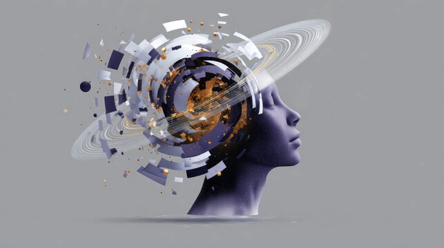Abstract of Human Mind With Exploding Cosmic Thoughts Saturn Rings Effect