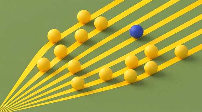 A single blue sphere stands out amongst a group of yellow spheres, arranged on radiating yellow lines against a green background, symbolizing uniqueness.