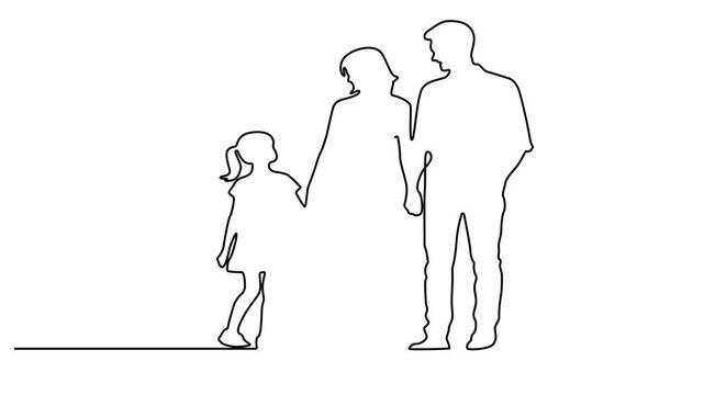 Animated self drawing of continuous one line drawing of Happy family hugging.  Father, Mother and son animation drawing. Full length one line animation. 4k video