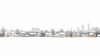 Obraz premium 広い余白を生かした雪の町並みのミニマル建築背景イラスト