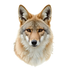 Fototapeta premium Portrait of a coyote looking straight ahead with neutral expression on a white background