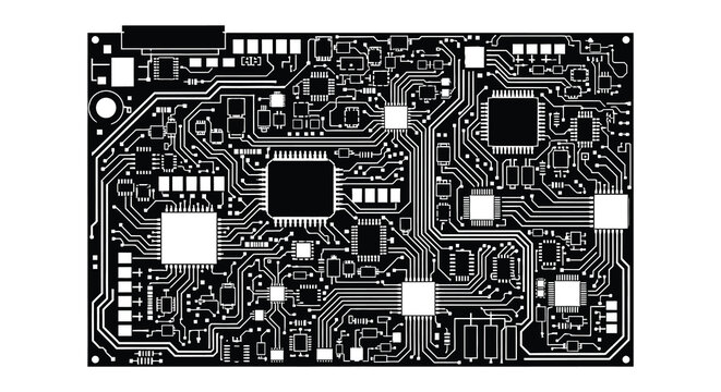 Intricate circuit board design with black shapes a striking silhouette