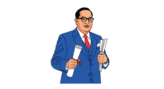 Illustration of Dr. B.R. Ambedkar on Ambedkar Jayanti, holding documents in a blue suit with a serious expression against a plain white background.